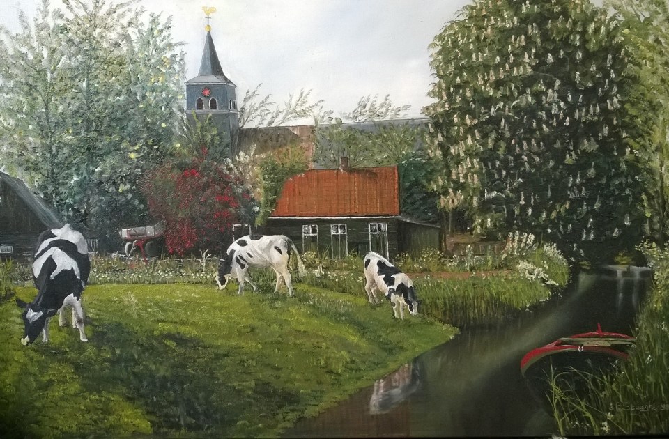 Noord Hollands dorp met Kerk en Koeien - Schilderij Louis Steeghs